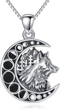 wholesale 925 Sterling Silver Wolf Head Crescent Moon Phases Necklace Gothic Jewelry-Moon Phase