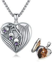 wholesale 925 Sterling Silver Heart Shaped Photo Frame Pendant with Purple Stones and Floral Design - Memory Lockets for Women-Lily of the Valley