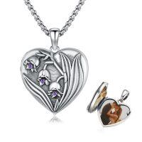 wholesale 925 Sterling Silver Heart Locket Necklace With Purple Crystals And Photo Insert-Lily of the Valley