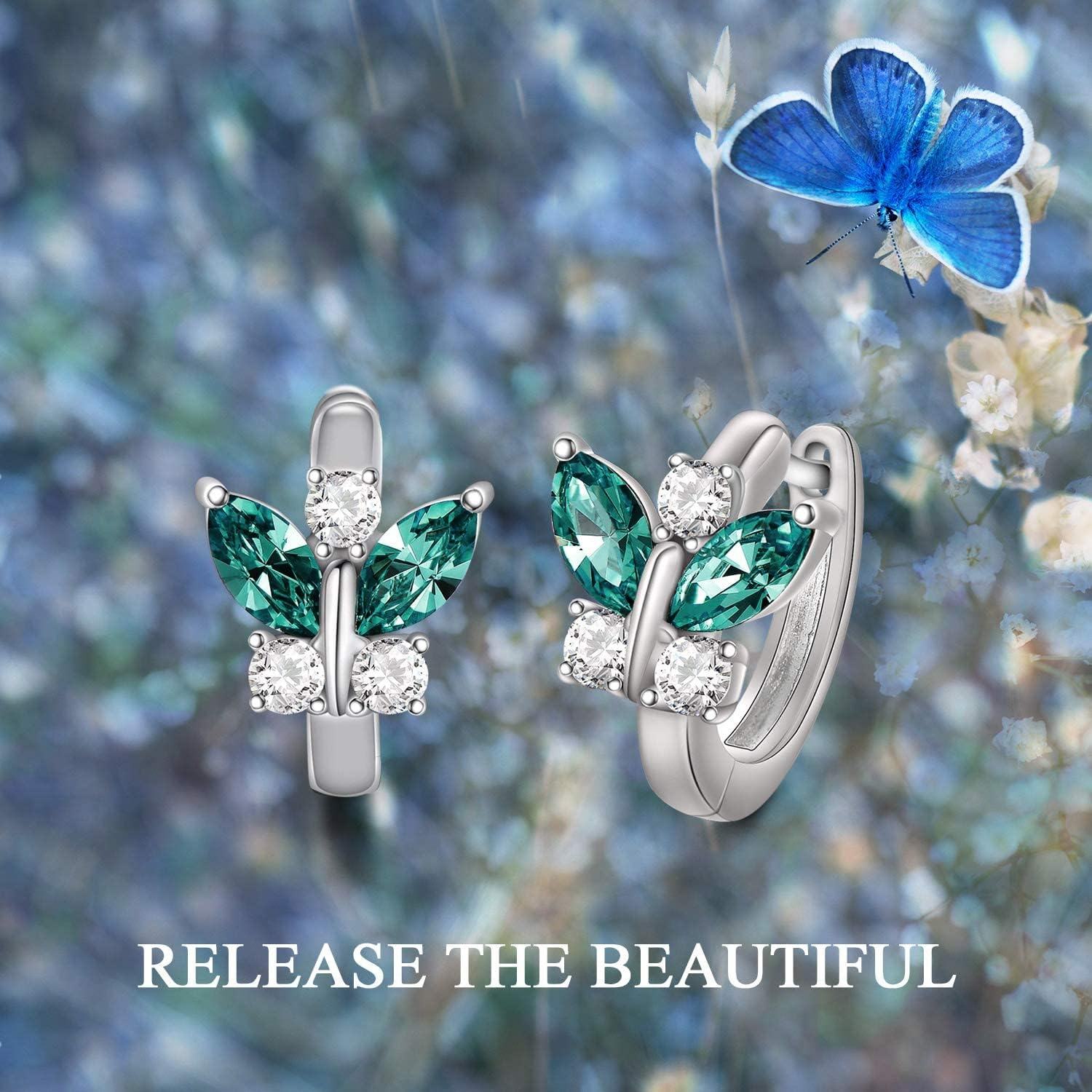 Sterling Silver Austrian Simulated Aquamarine Butterfly Hoop Earrings Hypoallergenic Gift for Women-0-5