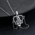 wholesale 925 Sterling Silver Heart-Shaped Black Onyx Rose Flower Pendant Necklace for Women Girls  45cm Chain Length-0-1