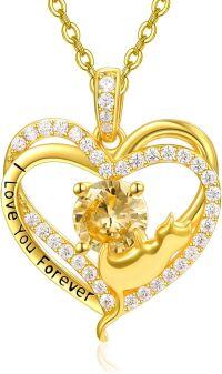 wholesale Sterling Silver Birthstone Cat Projection Heart Pendant Necklace-Gold-11 Nov - Citrine