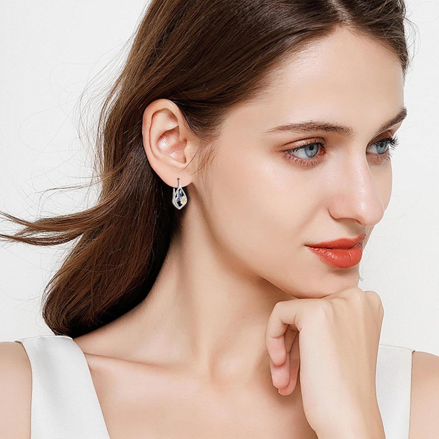 925 Sterling Silver Butterfly Flower Leverback Hoop Earrings with Enamel and Cubic Zirconia-0-5