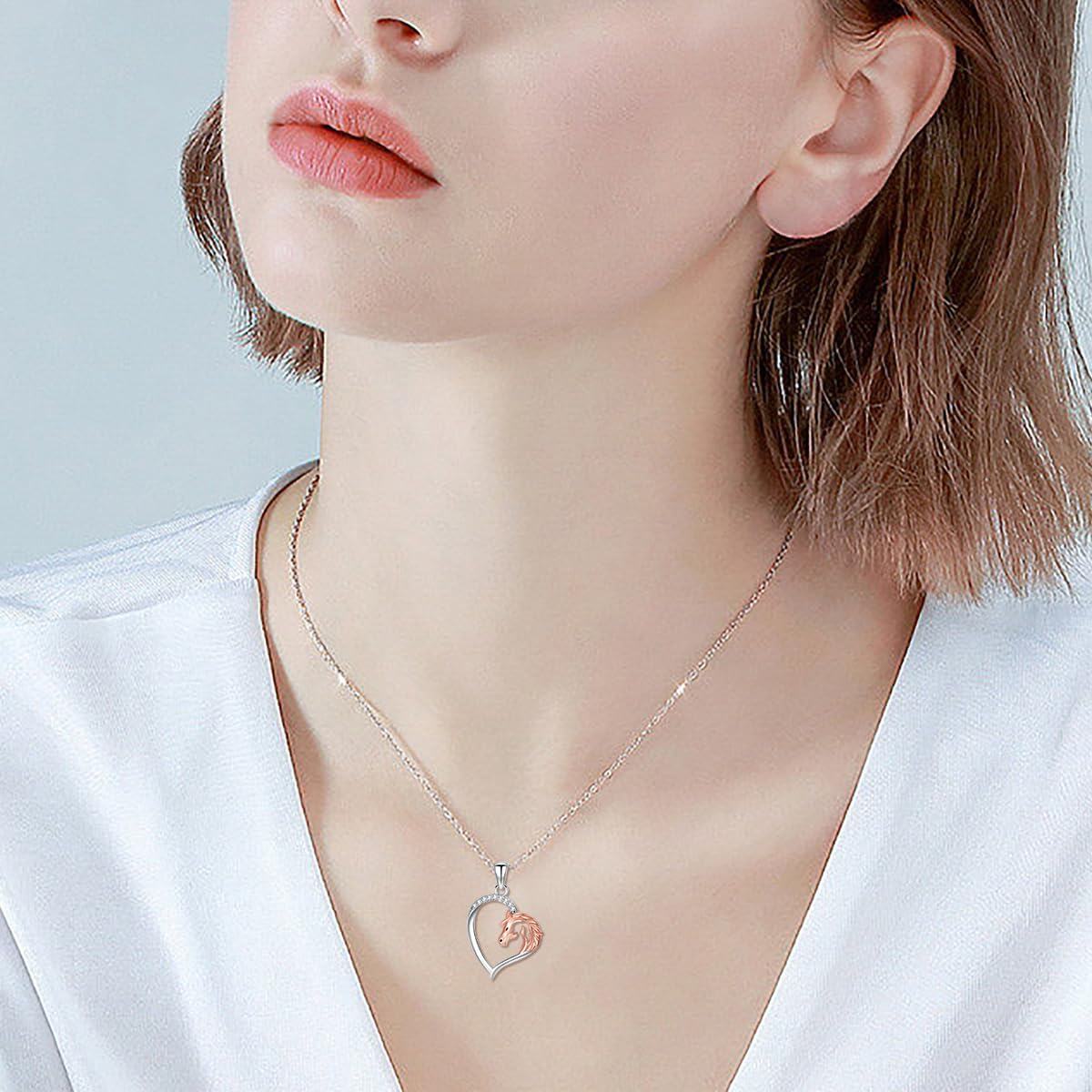 wholesale 925 Sterling Silver Rose Gold Plated Horse Head in Heart Shape Pendant Necklace for Women and Girls-0-1