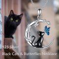 wholesale 925 Sterling Silver Black Cat with Blue Butterfly on Crescent Moon Pendant Necklace for Women-0-4