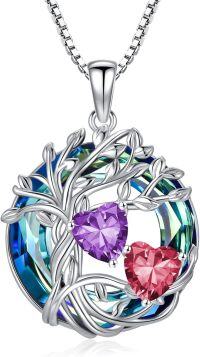 wholesale 18K White Gold Filled Sterling Silver Family Tree Pendant with 2 Heart Birthstones Blue Austrian Crystal Necklace for Women-02-07-Feb-Jul Birthstone