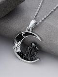 wholesale 925 Sterling Silver Crescent Moon Skulls Black Crystal Necklace Pendant-0-4