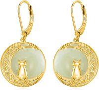 wholesale 14K Gold Plated Sterling Silver Round Natural Jade Earrings for Women-C-Cat-Gold