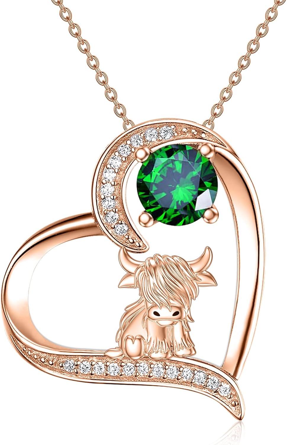 Sterling Silver Highland Cow Birthstone Necklace Jewelry Gifts for Women Girls-2-05--2-05-