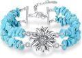 wholesale 925 Sterling Silver Turquoise Beaded Sunflower Charm Bracelet for Women Bohemian Style Handmade  7-8 Adjustable Length-0-0