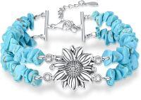 wholesale 925 Sterling Silver Turquoise Beaded Sunflower Charm Bracelet for Women Bohemian Style Handmade  7-8 Adjustable Length-Sunflower