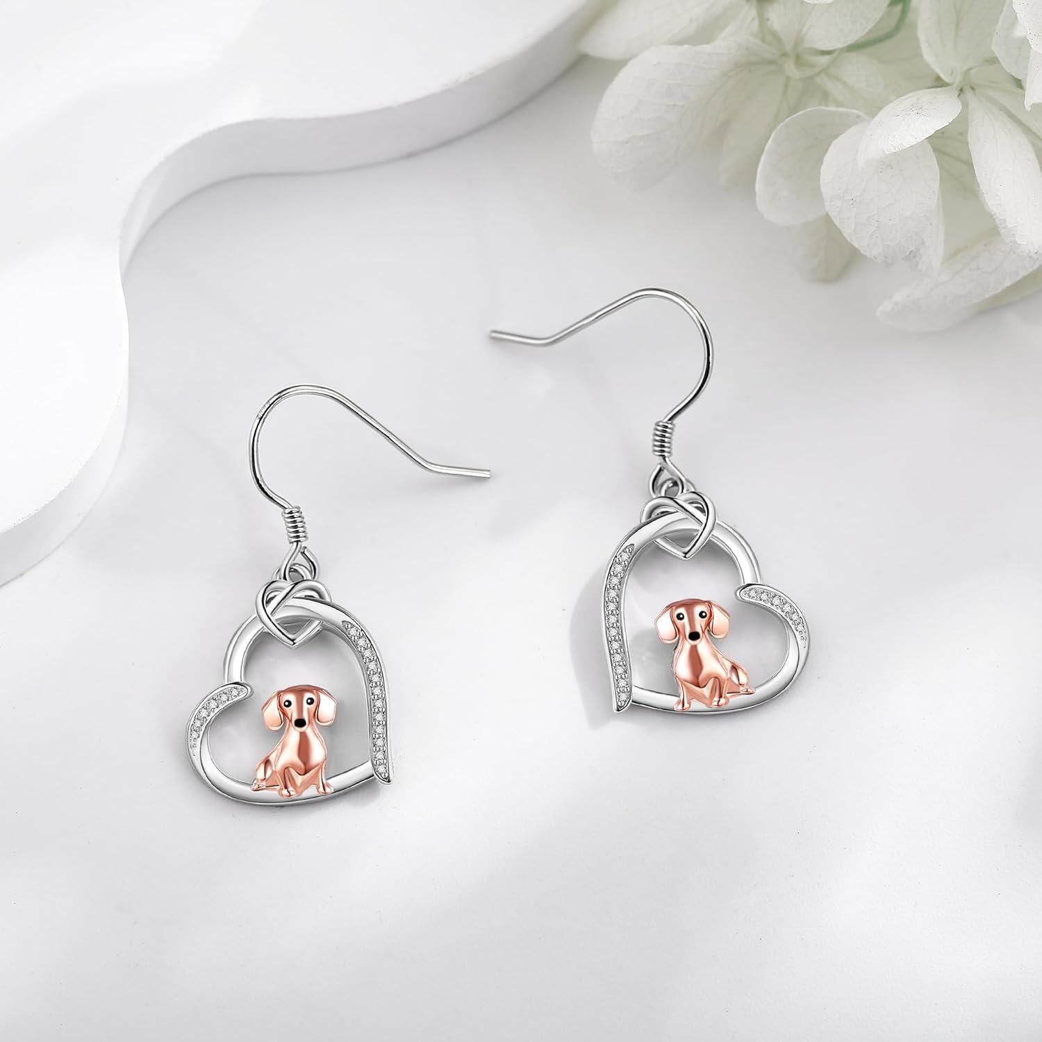 Sterling Silver Dog Earrings w Heart Dachshund Greyhound German Shepherd Dalmatian Dangle Jewelry Gifts for Women-0-3