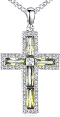 wholesale 925 Sterling Silver Green CZ Cross Pendant Necklaces for Women Girls Christian Faith  Ideas 45cm Chain Length-Green