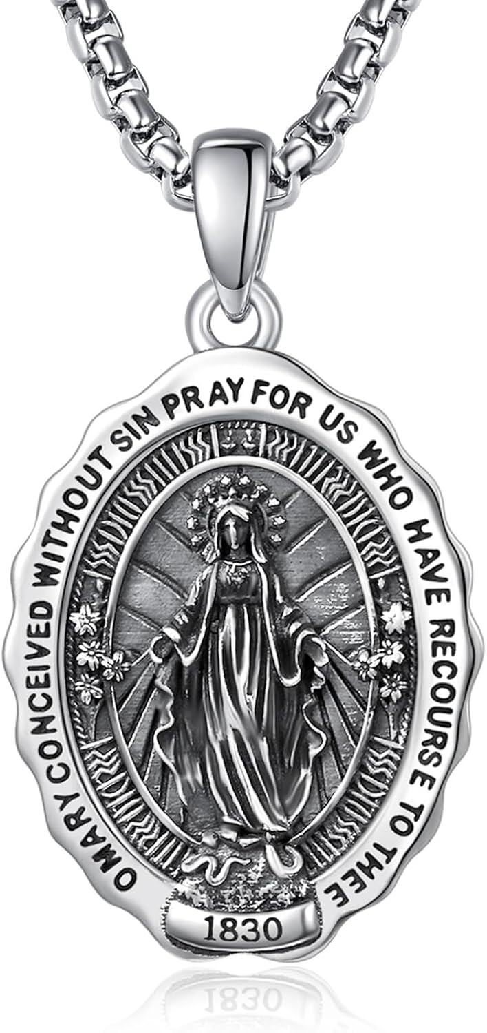 Sterling Silver Catholic Pendant Necklaces w 2 0mm Chain Patron Saint Medals Pray for Us Christian Jewelry Gifts-St-Miracle Madonna-A
