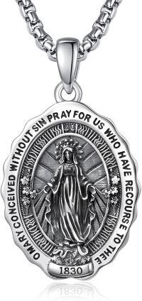 wholesale 925 Sterling Silver Virgin Mary Medal Necklace with 3 mm Box Chain - Religious  for Women and Men-St-Miracle Madonna-A