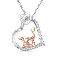wholesale 925 Sterling Silver Heart Deer Pendant Necklace Cubic Zirconia Rose Gold Accent Women Jewelry-Reindeer