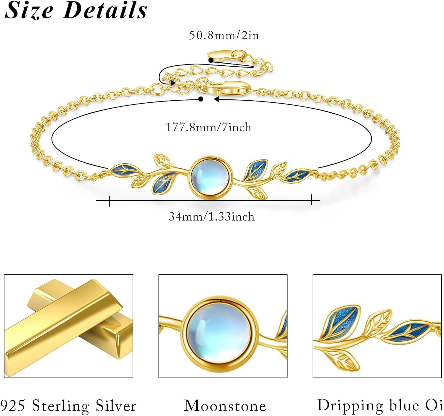 wholesale Gold 925 Sterling Silver Blue Enamel Leaves & Round Stone Charm Bracelet for Women's Gifts-0-6