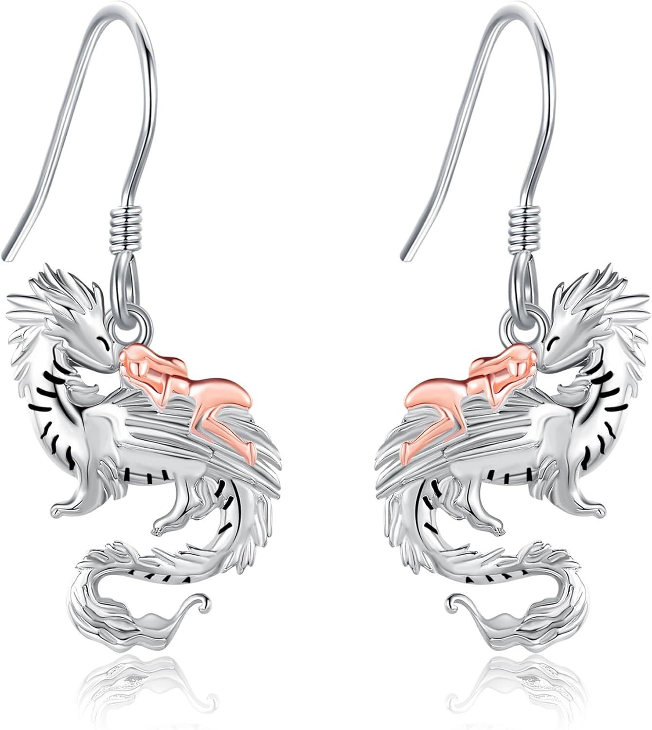 Sterling Silver Animal Earrings Horse Bee Llama Owl Jellyfish Parrot Bunny Duck Penguin Flamingo Paw Print Panda Dolphin Hummingbird for Mom-Dragon-Dragon