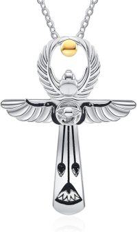 wholesale 925 Sterling Silver Ancient Egypt Scarab & Ankh Cross Pendant Necklaces for Women Men Gold Plated Evil Eye Protection Amulet Charm  48cm Chain Length-Ankh and Eye of Horus