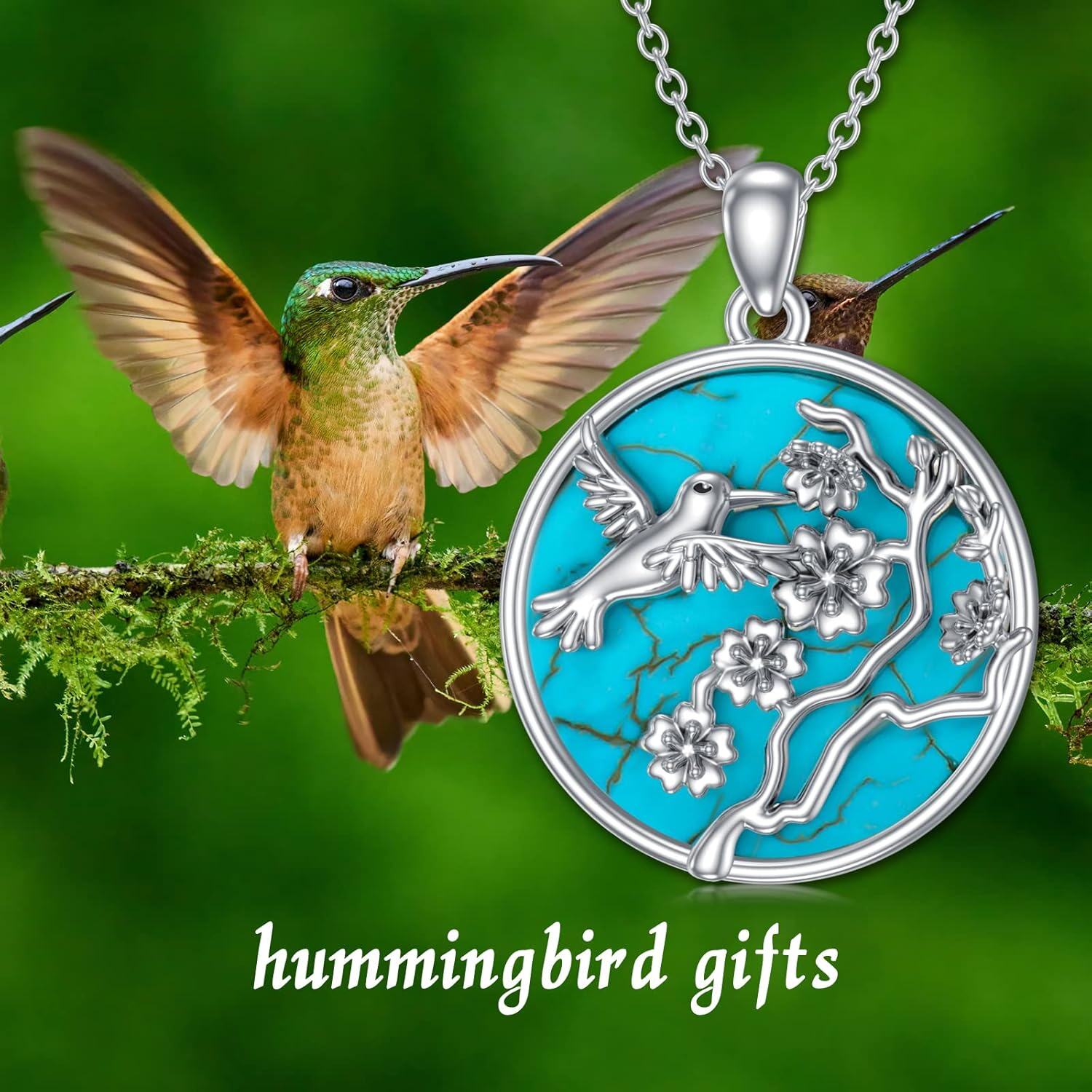 Sterling Silver Turquoise Diamond Hummingbird Pendant Necklace-0-5