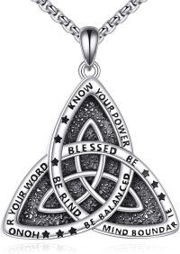 wholesale 925 Sterling Silver Triquetra Pendant with Black Stone and Inspirational Words on Chain for Women Men  36 Length-Celtic Knot Necklace