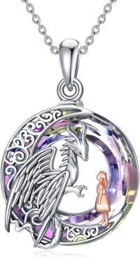 wholesale 925 Sterling Silver Rainbow Crystal Dragon Pendant Necklace s for Women-Purple-dragon&girl