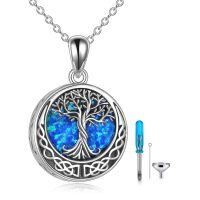 wholesale 925 Sterling Silver 925 Blue Opal Tree of Life Cremation Urn Locket Necklace with Funnel and Fill Tool-Blue Opal tree