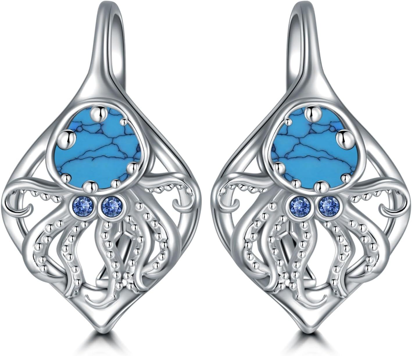 Sterling Silver Turquoise Sea Animal Dangle Earrings-08-Octopus Turquoise