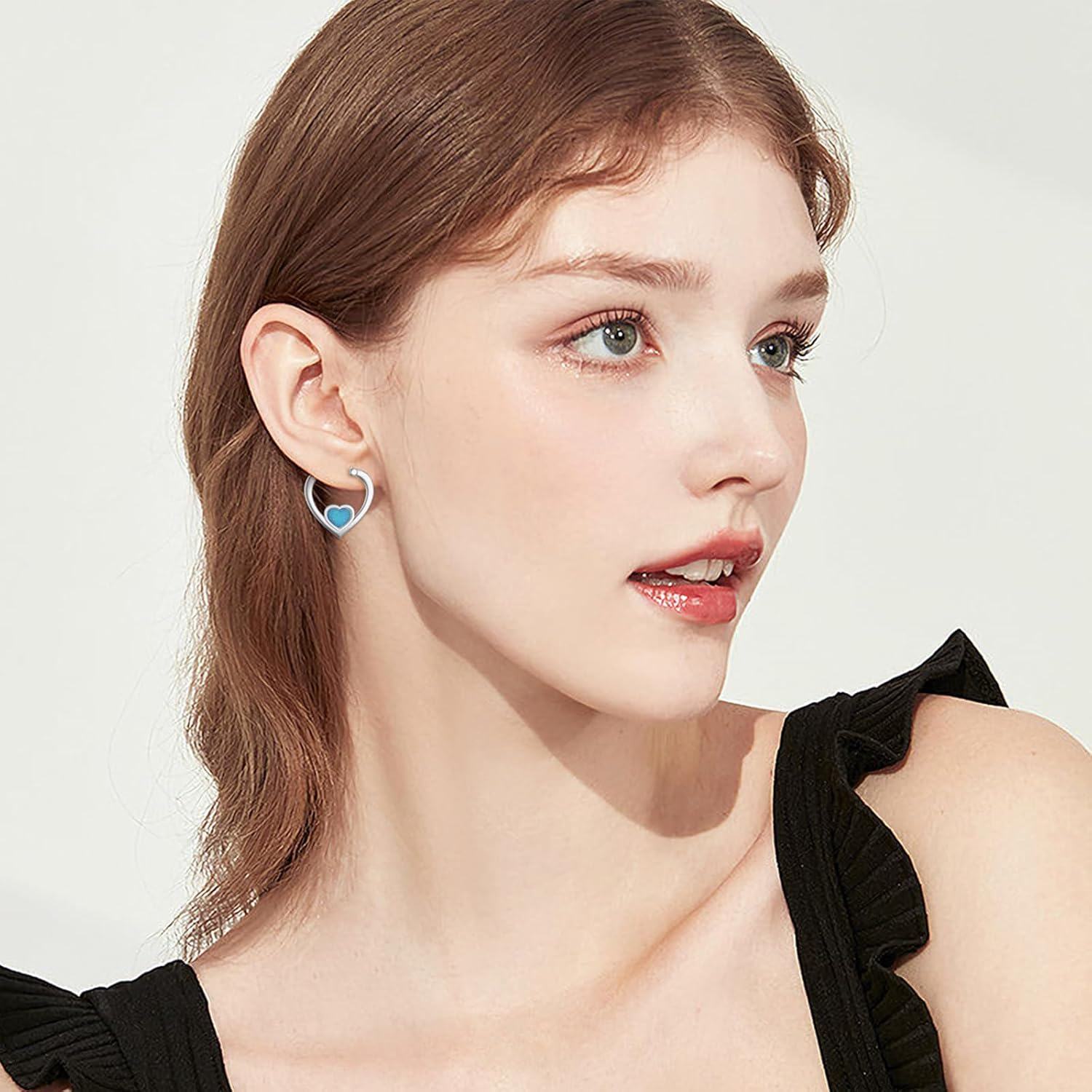 925 Sterling Silver Heart-Shaped Blue Opal Hoop Earrings-0-1