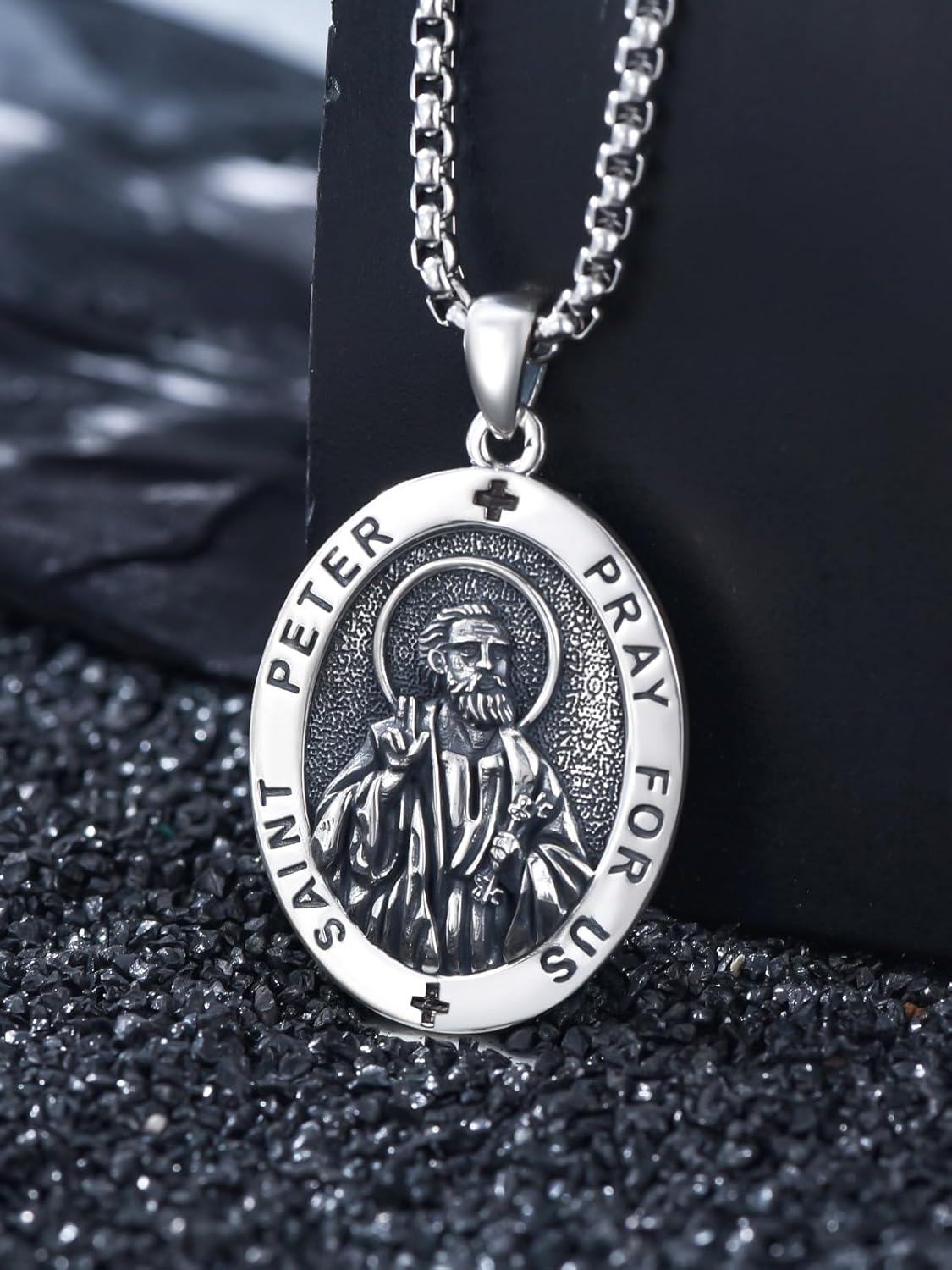 wholesale 925 Sterling Silver Stainless Steel Oval St Peter Prayer Pendant Necklace for Men & Women-0-2