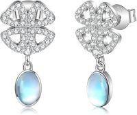 wholesale 925 Sterling Silver Clover-Shaped Moonstone & Turquoise Hypoallergenic Drop Earrings-Four-leaf clover