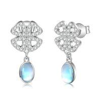 wholesale 925 Sterling Silver Clover-Shaped Moonstone & Turquoise Hypoallergenic Drop Earrings-Four-leaf clover
