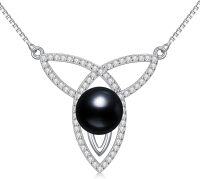 wholesale 925 Sterling Silver & 18K White Gold Plated Triquetra Pendant with Black Pearl and Cubic Zirconia Necklaces for Women-Celtic 4