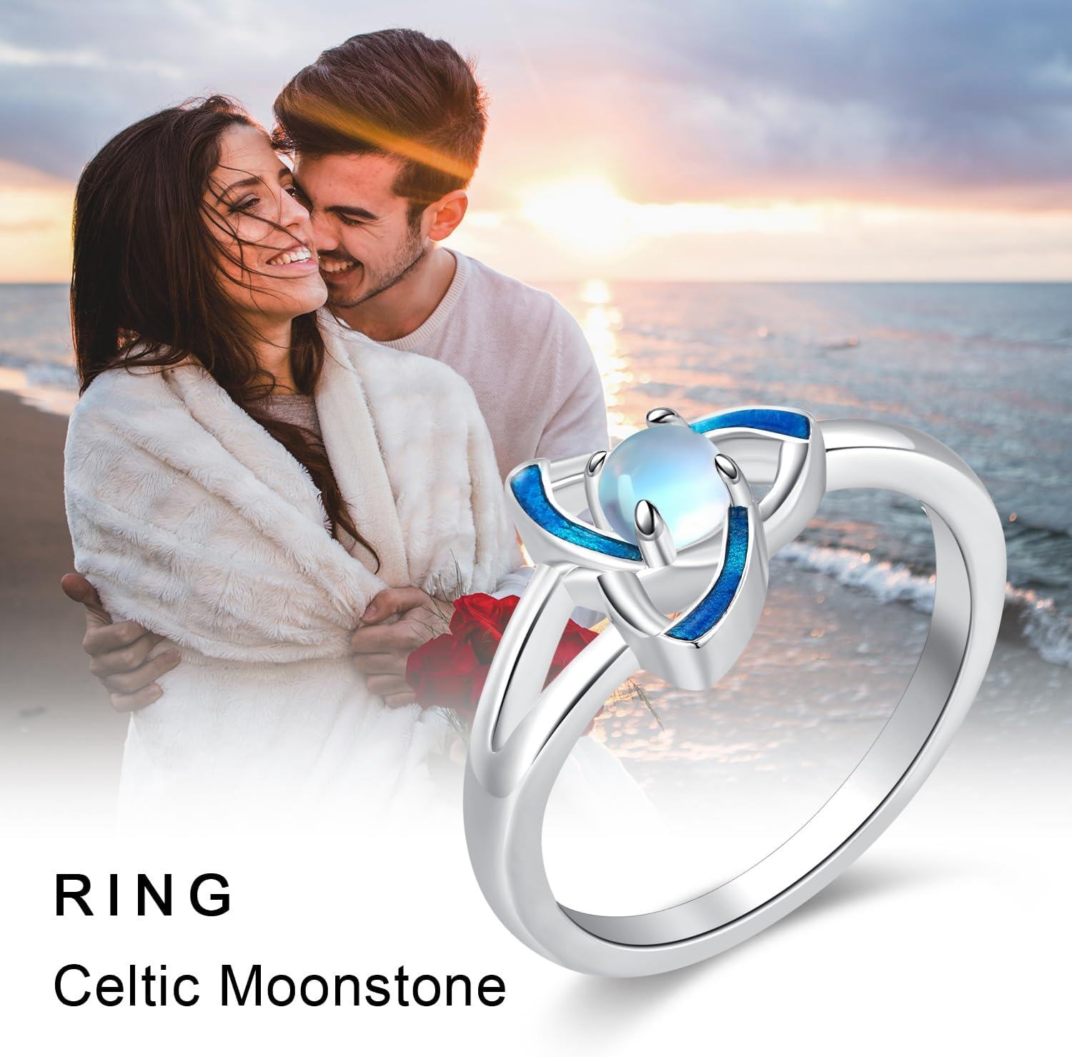 Sterling Silver Moonstone Celtic Knot Trinity Ring for Women Jewelry Gifts-0-4