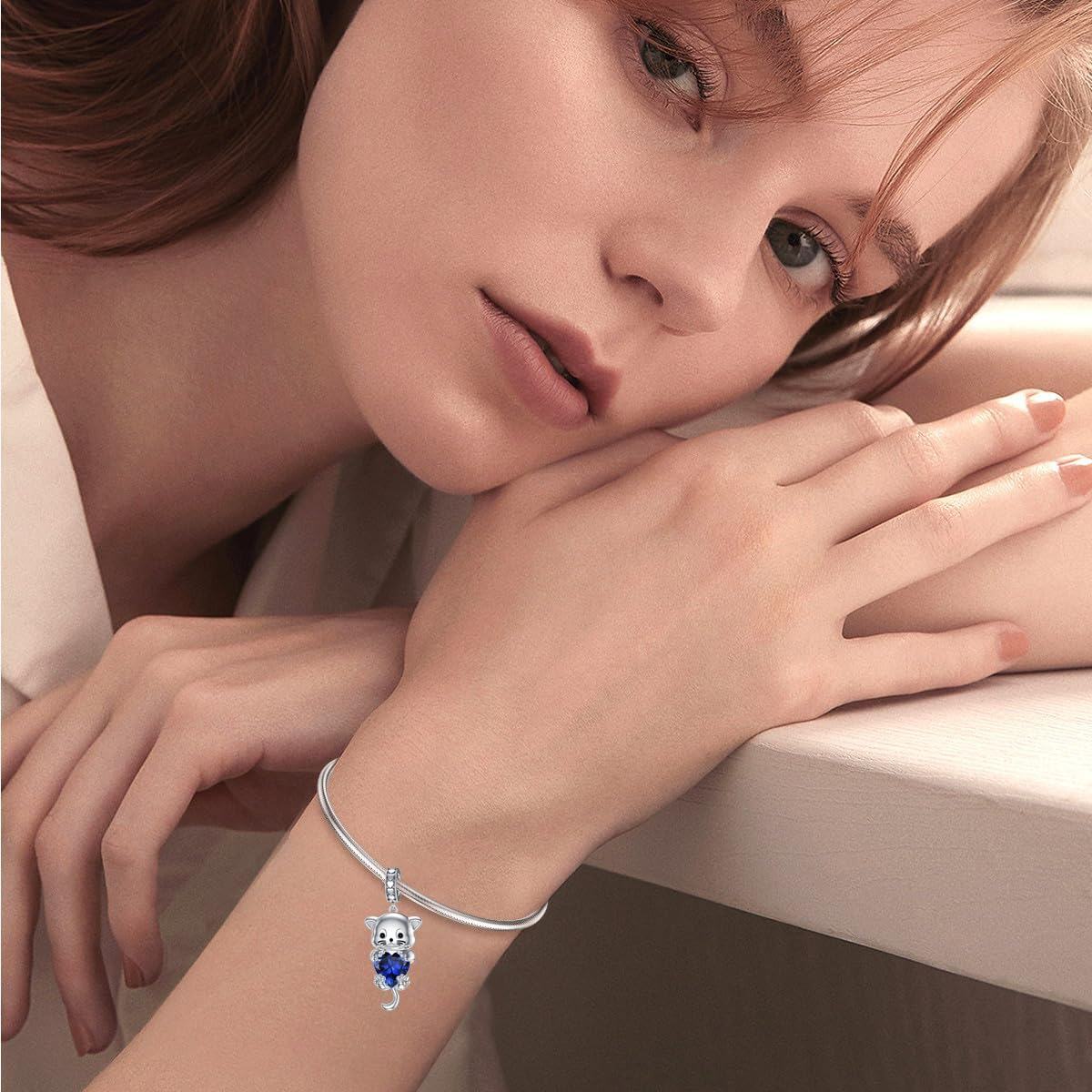 Silver Birthstone Cat Charm Bead Gift for Women-0-4