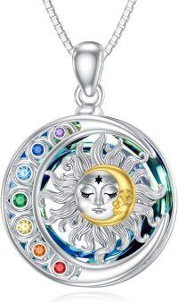 wholesale 925 Sterling Silver Rainbow Crystal Sun & Moon Goddess Hamsa Hand Pendant Necklace-Sun and Moon