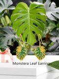 wholesale 925 Sterling Silver Green Enamel Monstera Leaf Drop Dangle Earrings for Women-0-5