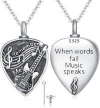 wholesale 925 Sterling Silver Guitar Urn Pendant Necklace with Musical Notes and Words Remember Me & When words fail Music speaks Keepsake Jewelry for Ashes of Loved One-09-Guita Pick Urn