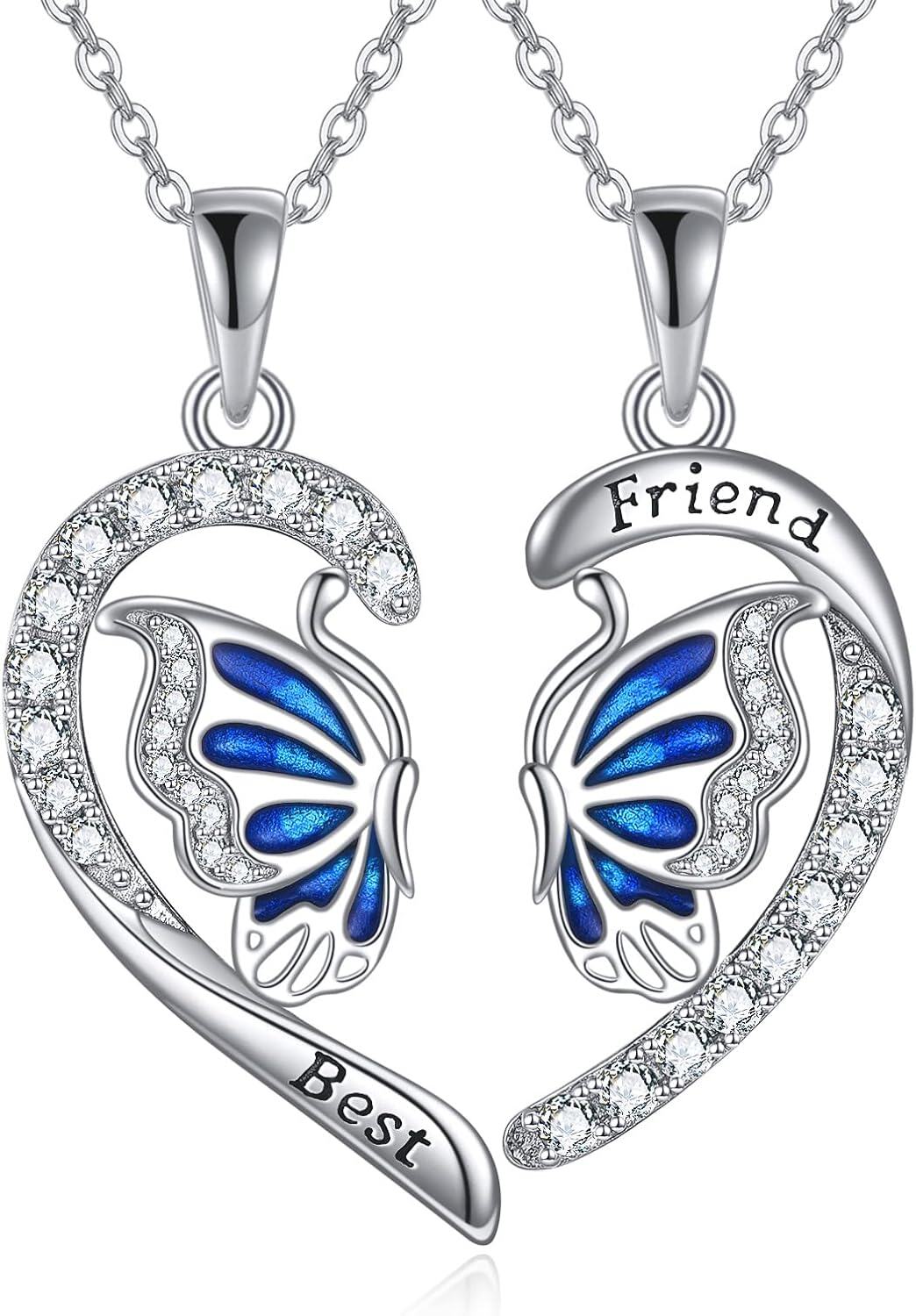 Metal Stone BFF Necklace Set Heart Sunflower Butterfly Elephant Dolphin Pendant-Butterfly BFF Set