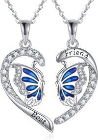 wholesale 925 Sterling Silver Best Friend Matching Necklaces - Heart-Shaped Blue Enamel Butterflies and Elephants Pendants for Women Girls  Sets-Butterfly BFF Set
