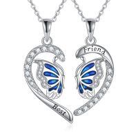 wholesale 925 Sterling Silver Blue Butterfly Best Friend Heart Pendant Necklaces With Cubic Zirconia-Butterfly BFF Set