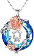 wholesale TOUPOP Rose Initial Necklaces For Women Sterling Silver W Letter Pendant Necklaces With Blue Circle Crystal For Her Teen Girls Jewelry Birthday Anniversary Christmas Gifts -0-0