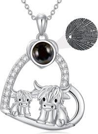 wholesale 925 Sterling Silver 925 Black Agate Highland Cow Heart Pendant Necklace Scottish Style s for Women and Girls-Cow-Mom&Child-I love you 100 languages-Cow-Mom&Child-I love you 100 languages-Photo
