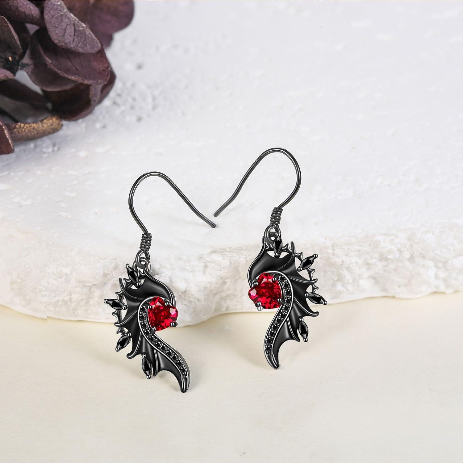Sterling Silver Gothic Angel Devil Wings Heart Dangle Earrings for Women-0-2