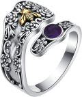 wholesale Sterling Silver & Gemstone Vintage Chunky Thumb Ring - Victorian Openwork Spoon Ring w/ Flower Bee Pattern, Adjustable Size 7-9, Hypoallergenic, Gift Ready-0-0