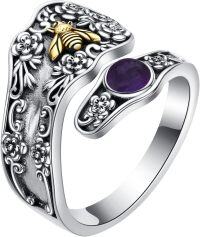 wholesale Sterling Silver & Gemstone Vintage Chunky Thumb Ring - Victorian Openwork Spoon Ring w/ Flower Bee Pattern, Adjustable Size 7-9, Hypoallergenic, Gift Ready-Amethyst
