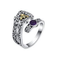 wholesale Sterling Silver & Gemstone Vintage Chunky Thumb Ring - Victorian Openwork Spoon Ring w/ Flower Bee Pattern, Adjustable Size 7-9, Hypoallergenic, Gift Ready-Amethyst