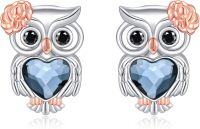 wholesale 925 Sterling Silver Owl Heart Stud Earrings with Rose Gold Accents and Blue Crystal for Women Girls Gifts-owl