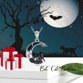wholesale 925 Sterling Silver Crescent Moon Black Cat and Bat Necklace Pendant-0-5