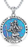 wholesale 925 Sterling Silver Blue Opal Saint Christopher Protect Us Medal Pendant Necklace -0-0